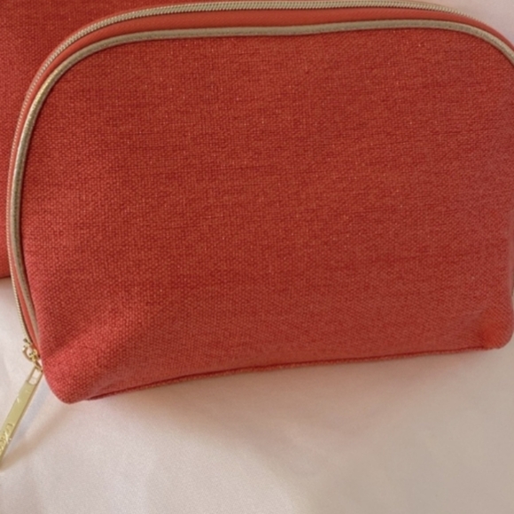 LANCOME Cosmetic Pouch Bag 1 Salmon Gold Zipper Closure Tweed Pattern Makeup NEW - Picture 3 of 8
